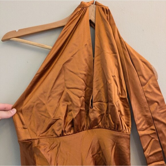 Something Navy Orange Halter Satin Gown Size XS - Picture 8 of 11